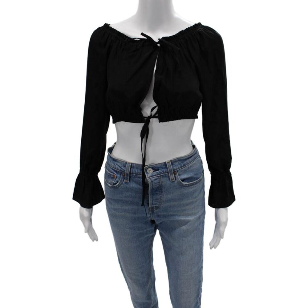 Jennifer Hope Womens Cropped Silk Blouse Black Long Sleeve Bohemian Size XS